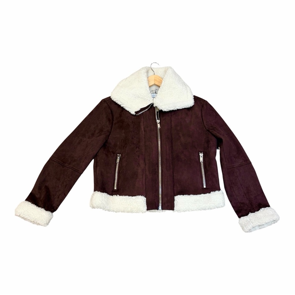 NEW JustFab Dark Brown Faux Suede Moto Sherpa Lined Aviator Jacket Size Medium - Picture 3 of 10